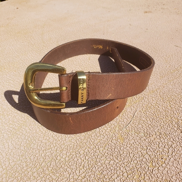 Perry Ellis Geniune Leather belt gold buckle sz 34.5" Tan Carmel - Picture 10 of 12